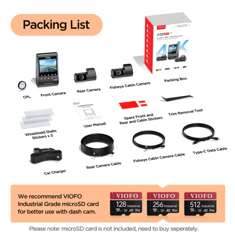VIOFO A329S 3CH First 4K 30FPS Front+2K Wide 210° FOV Fisheye Cabin+2K - Image 2